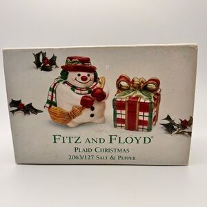 🎄 Fitz and Floyd Plaid Christmas Snowman & Gift Salt & Pepper Shakers